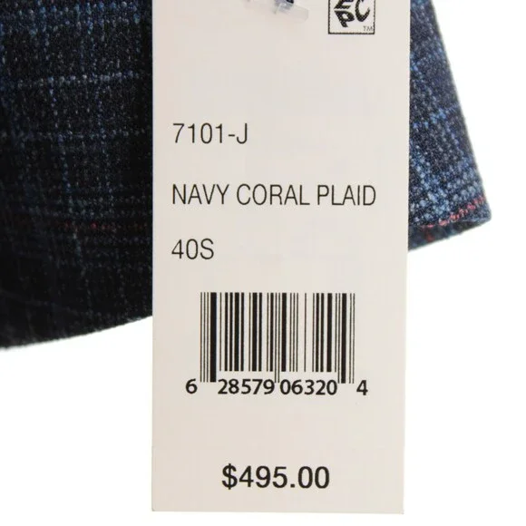Cardinal of Canada NWT Wool Blend Sport Coat Size 40S US In Blue w/ Coral Plaid